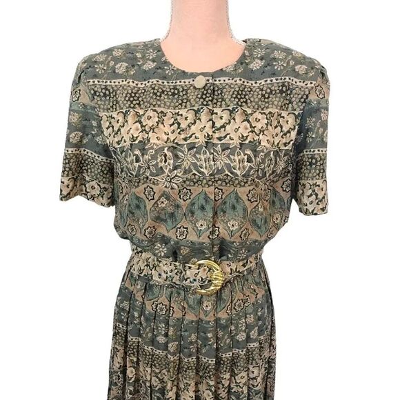 VTG 80s Green Floral Print Belted Pleated Midi Dress Size 16 *Fits like Large - Picture 4 of 17